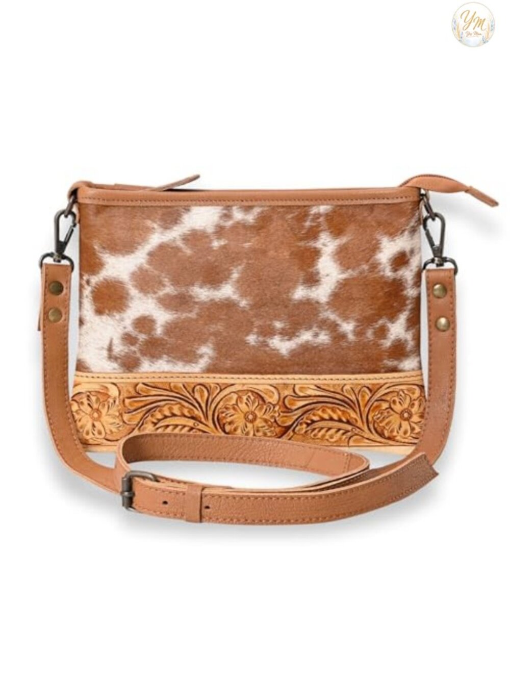 Vintage Cowhide Tooled Leather Crossbody Bag Adjustable Strap